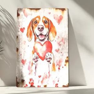 2D Flat, 1pc Cute Puppy Holding Heart Metal Tin Sign - Retro Watercolor Puppies Love, Durable Iron Pet-Themed Decoration Suitable for Home, Cafe, - Valentine's Day Gift for Dog Lovers & Art Enthusiasts, Warm Heartfelt Decor, 1pc Cozy Puppy