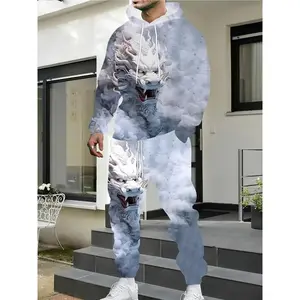 Autumn/Winter Set with Dragon Pattern Printed Men's Casual Sports Hoodie and Pants Set