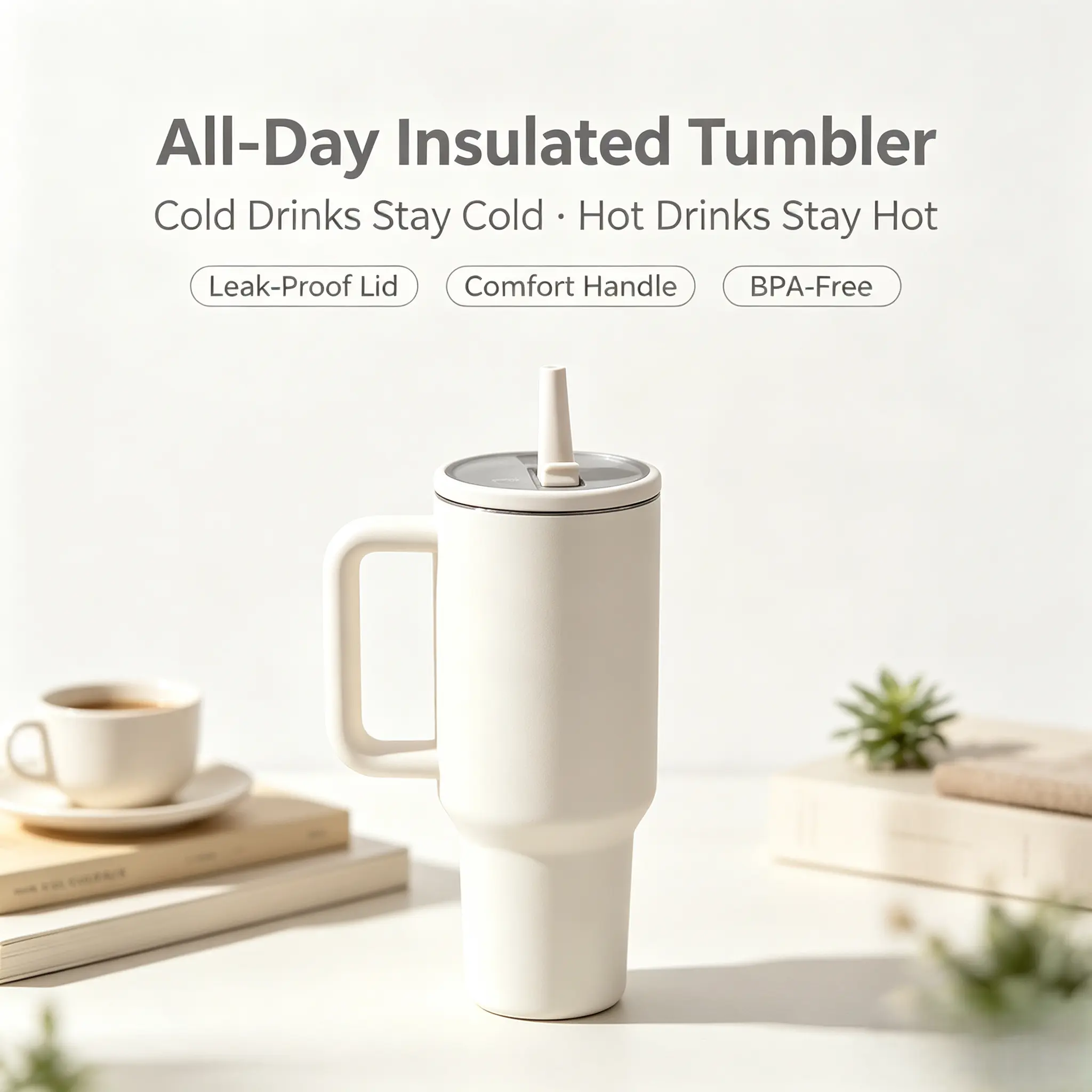40oz Insulated Tumbler with Handle and Straw Stainless Steel Leak Proof Travel Water Bottle Fits Most Car Cup Holders Reusable Coffee Mug for Work Home Travel
