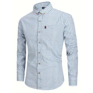 Men's Stylish Checkered Pattern Shirt, Casual Breathable Lapel Button Up Long Sleeve Shirt Top For City Walk Street Hanging Outdoor Activities
