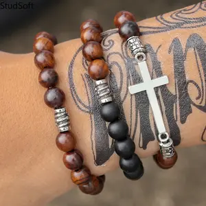 2026 New 3Pcs Wooden Bead Cross Stackable Bracelet Set, Matte Black & Brown Wood Bead Religious Bracelet, Vintage Layered Jewelry for Men & Women