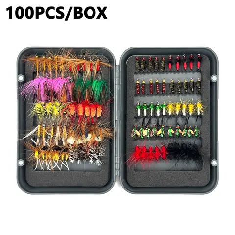 100pcs Fly Fishing Lure Kit, Artificial Lures, Dry/wet Nymph Streamer Set, Trout Bass Fishing Flies, High-Quality Artificial Insect Baits, Fishing Supplies, Fishing Tackle