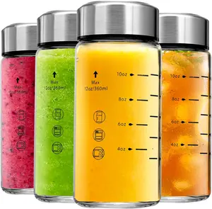 Glass Juice Bottles 4 Pack 12 oz - Wide Mouth Glass Water Bottles with Lids - Borosilicate,Stainless Steel Lids for Juicing, Smoothies, Infused Water, Beverage Storage, Leakproof, ,