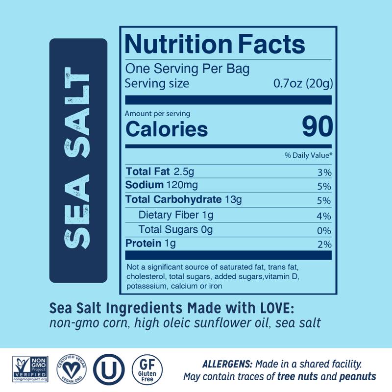 LOVE CORN Sea Salt 20 Packs - Delicious Crunchy Corn Snack - Healthy Family Snack - 90 Calories, Sugar Free, Gluten-Free, Vegan,  Kosher - Lunchbox Alternative for Chips, Nuts, Crackers & Pretzels - Perfect for Charcuterie Boards