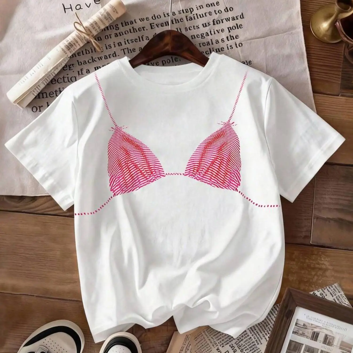 INAWLY Women's Graphic Print Short Sleeve T-Shirt, White & Pink Bikini Design, Casual Summer Round Neck Tee