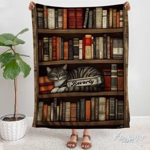 Personalized Book Blanket, Reading Blanket, Book Cat Lover,Vintage Books Blanket, Soft Cozy Throw Blankets, Gift For Reading