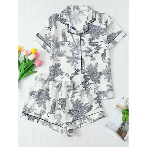 2pcs Soft Palm Tree & Giraffe Print Lapel Button Short Sleeve Top With Pocket And Bowknot Shorts Pajama Set, Women Loungewear For Home Wear, Spring & Summer Fabric Fit rave outfit 90s graphic tees office outfits women ibiza outfits women's summer outfits