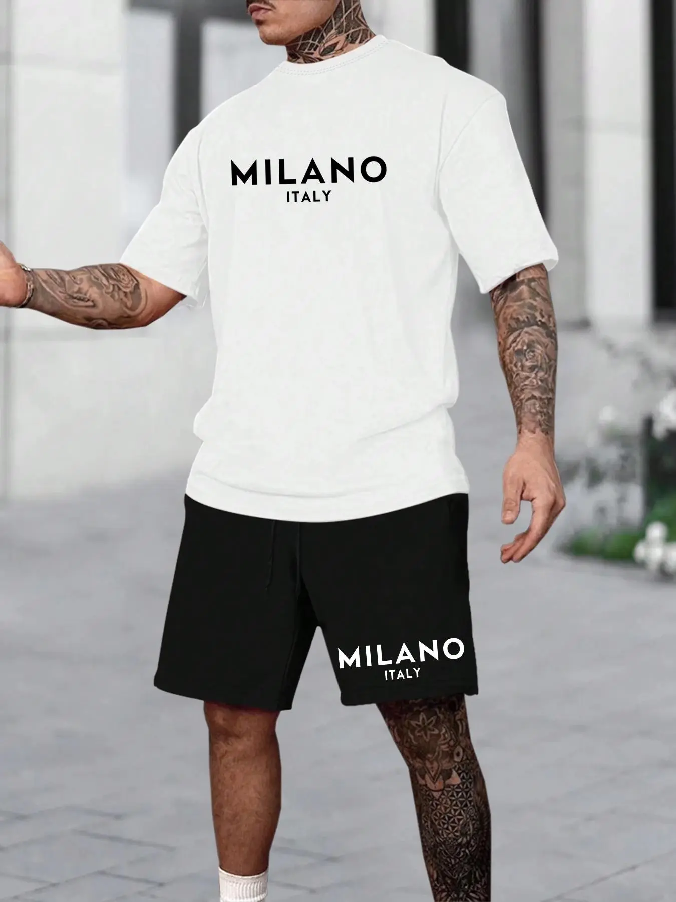 Two-Piece Set Men's Letter Print Tee & Drawstring Waist Shorts Pyjama, Crew Neck Short Sleeve T-Shirt & Pocket Track Shorts, Casual Comfy Men's Sleepwear Set for All Seasons Pajama Set