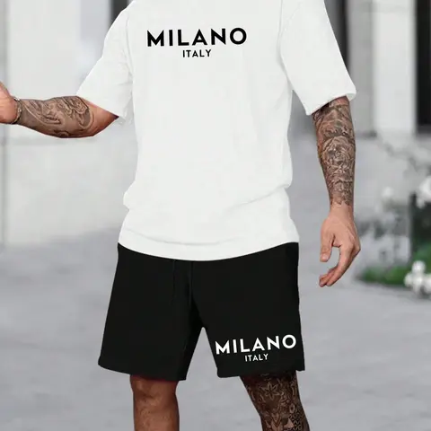 Two-Piece Set Men's Letter Print Tee & Drawstring Waist Shorts Pyjama, Crew Neck Short Sleeve T-Shirt & Pocket Track Shorts, Casual Comfy Men's Sleepwear Set for All Seasons Two Piece Loungewear