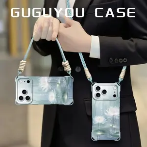 GUGYOU Aesthetic Lotus Pattern iPhone Case - Shockproof Clear Soft Casing with Crossbody Lanyard & Handle Strap, Protective Accessory for iPhone 17/16/15/14 Pro Max (Portable for Sports & Outdoor Use)