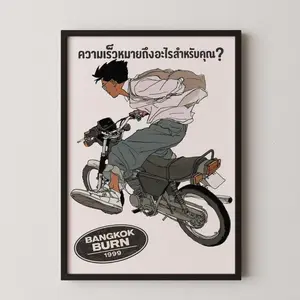 [SALE UP TO 50% + FREE SHIP] Bangkok Street Ride Poster Anime Motorcycle Lounge Decor, Thai Anime Biker Art Print, Manga Moped Racer for Living Room or Bedroom Wall