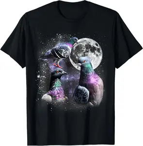 100% Cotton Funny Three Pigeon Moon Weird Cursed Meme 3 Pigeon Silly T-Shirt