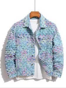Men's Raw Trim Button Pocket Denim Jacket Loose Street Style Long Sleeve Collared Plaid Checked Outerwear Daily Wear All Seasons Workwear Jacket Casual Fashion Jacket 2026 Breathable Soft Lightweight Trendy Home Outdoor Hip Hop