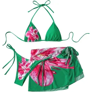 Women's 3 Piece Floral Thong Bikini Set with Sheer Overlay Swimsuit and Cover Up Skirt