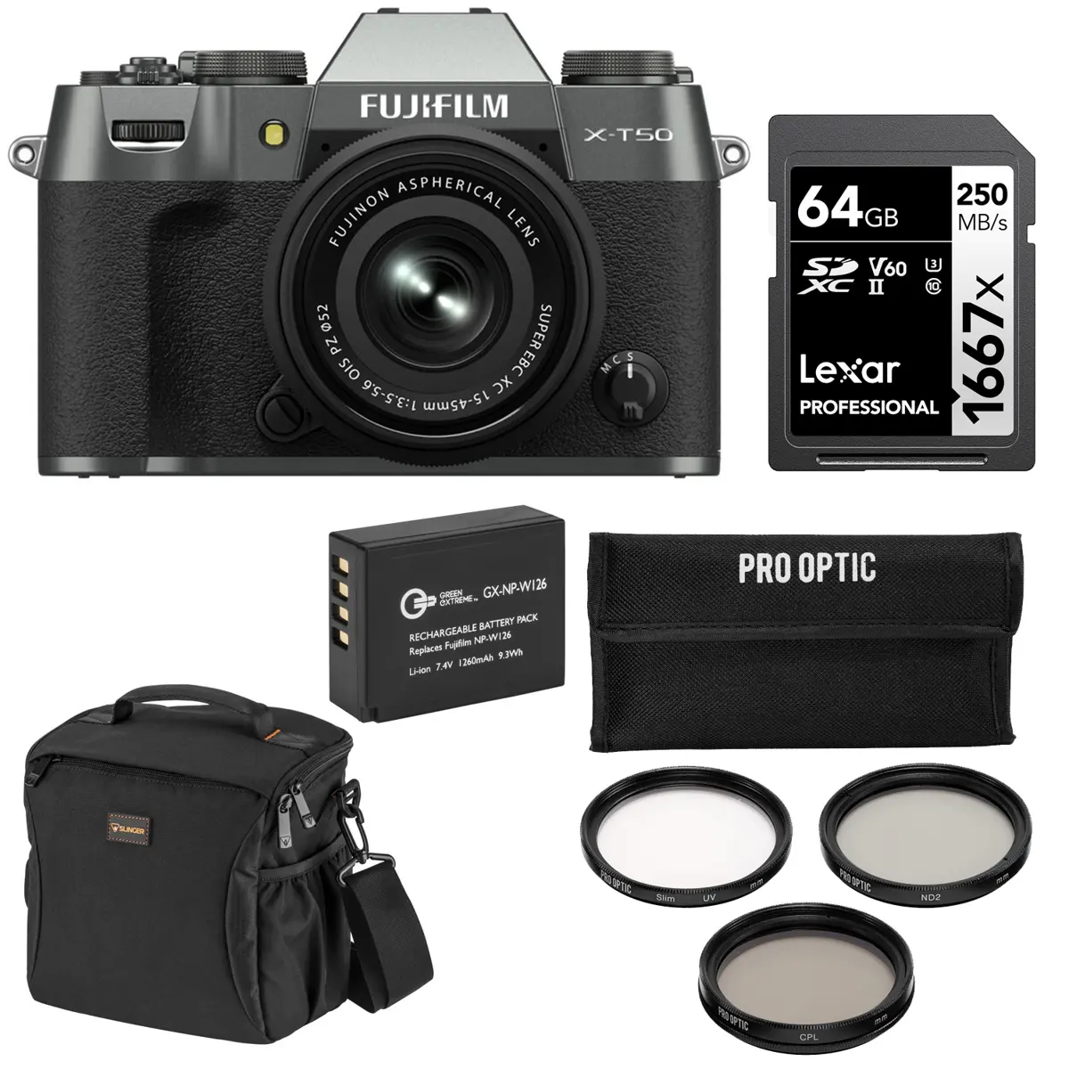 Fujifilm X-T50 Mirrorless Camera with XC 15-45mm f/3.5-5.6 OIS PZ Lens, Black, Bundle with Extra Battery, 64GB Memory Card, Shoulder Bag and 52mm Essentials Filter Kit