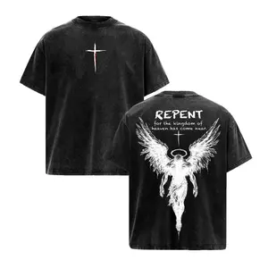 graphic tees  Repent Vintage Washed Oversized Christian T-Shirt, Angel Wings Faith Graphic Tee, “Kingdom of Heaven Has Come Near” Gospel Streetwear Top, Heavy Cotton Unisex Retro Worship Shirt
