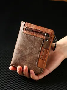 New Vintage Men's Vertical Zipper Wallet, Fashion Coin Pocket ID Holder, Multi-Functional Card Case, Youth Short Latch Style Card Bag