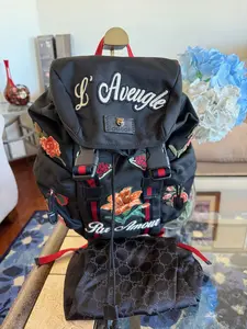 Pre-owned GUCCI Nylon Backpacks L'Aveugle Par Amour Embroidered Canvas Backpack Black