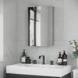 Wall Mounted Bathroom Medicine Cabinet Mirrored with Hinged Door 3-Tier Storage Shelves Silver Stainless Steel Frame Rust Resistant Quiet Closure No Assembly Required