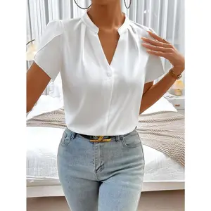 Solid notch collar metal sleeves women's white shirt blue short sleeved top