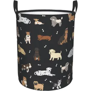 Cute Dogs Round Laundry Hamper Cartoon Puppy Animals Storage Basket Toys Clothes Organizer Bin 62l For Home Bathroom Bedroom Dorm Nursery