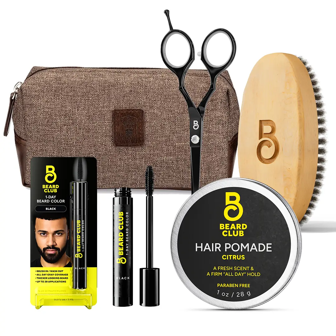 Quick Fix Emergency Kit with Travel Bag, One-Day Beard & Brow Temporary Color, Beard Trimming Scissors, Wood Brush and Hair Pomade