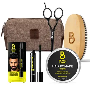 Quick Fix Emergency Kit with Travel Bag, One-Day Beard & Brow Temporary Color, Beard Trimming Scissors, Wood Brush and Hair Pomade