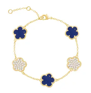 JANKUO Flower 14K Goldplated, Dark Sapphire & Cubic Zirconia Double Sided Bracelet