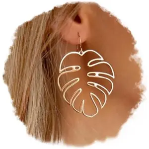 Palm Leaf Earrings Large Monstera Gold Line Dangle Earrings Bohemian Summer Festvial Jewelry for Women
