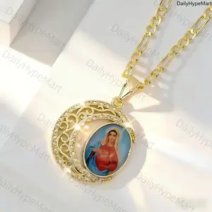 Moon Religious Pendant Necklace with Gold Chain for Casual Outfits