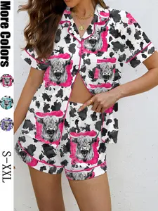 Women's 2-Piece Sleepwear Set, Soft Shirt Collar Top & Elastic Shorts, Casual All-Season Loungewear, Comfortable Home Wear