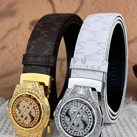 2026 New Belt Men's Automatic Buckle - Diamond USD Alloy Buckle, Casual Waist Belt, Rhinestone Buckles Belt, Letter Design Belt, Men's Daily Accessories, Casual Style Belts - Ideal Gift for Dad (Father's Day)