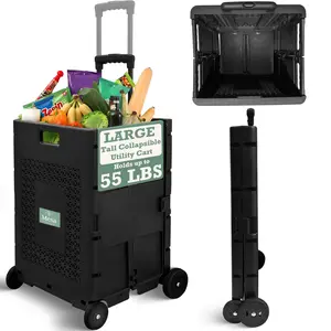 Inspired Living Ultra-Slim Pack-N-Roll Cart: Collapsible 4-Wheel Utility for Home, Garden, Office - Holds Up to 55 Lbs, Telescopic Handle, Black