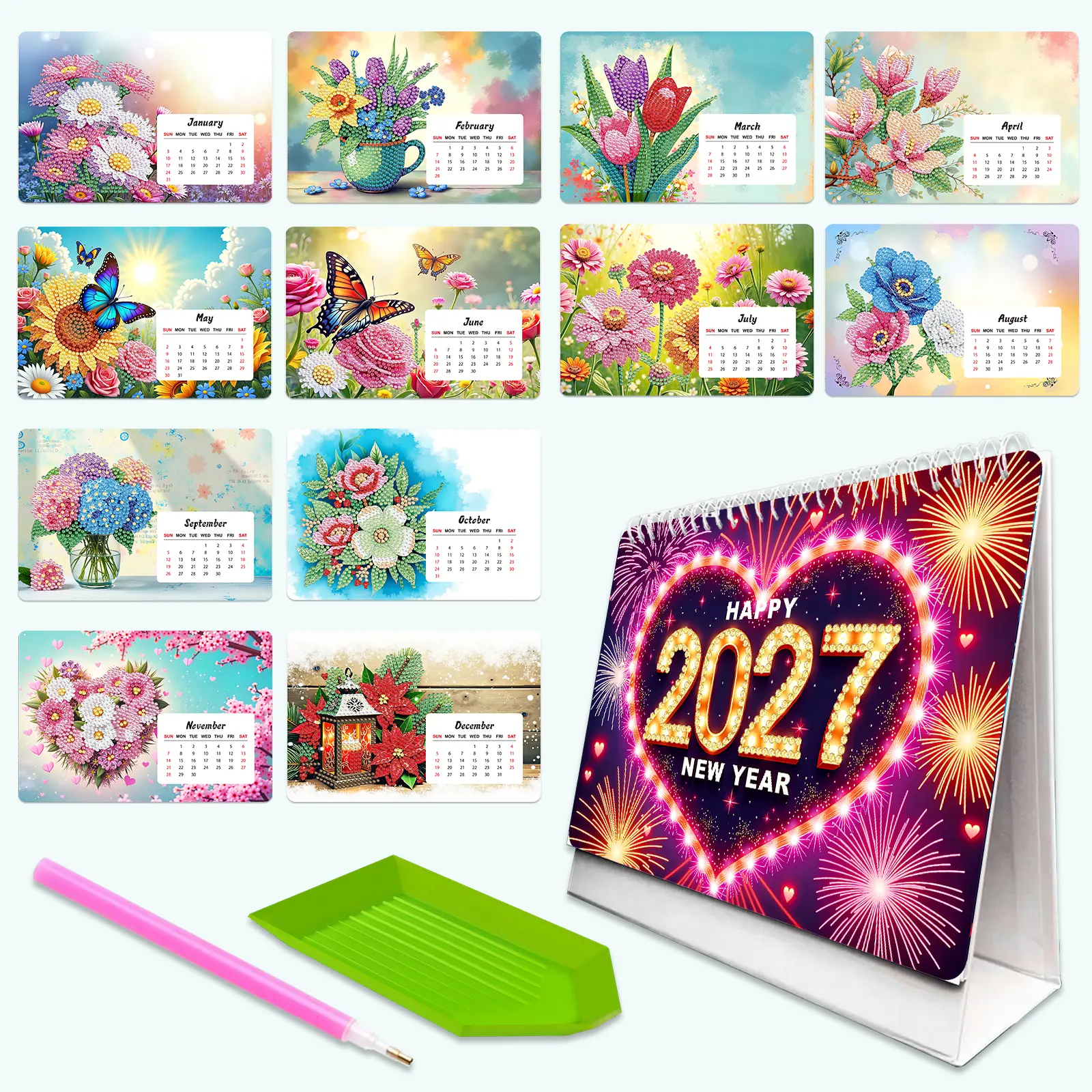 【New Arrival】2027 Flower Diamond Painting Desk Calendar DIY Kits - Handmade Rhinestone Art Kit with Tools, Gift for Home & Office Decor