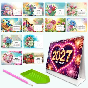 【New Arrival】2027 Flower Diamond Painting Calendar Kit - DIY Handmade Desk Calendar Rhinestone Art, Complete Diamond Painting Kit with Tools, Thoughtful Gift for Home & Office Decor