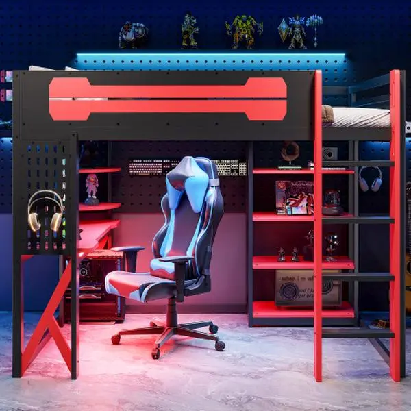 Bellemave Full-Size Solid Wood Loft Bed with Integrated Ladder, 4-Tier Bookshelf, Chevron Desk, USB Port, Type-C Port, Power Outlet, Charging Station, RGB Lighting - Desk Power at Hand