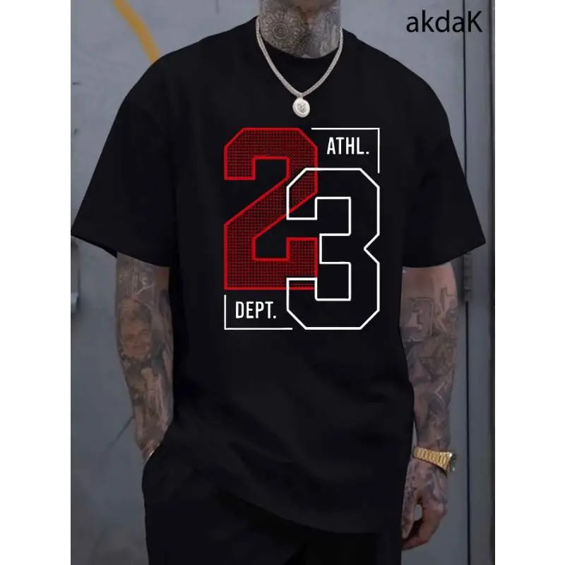 Men's Plus Size '23' Graphic Print T-Shirt, Casual Short Sleeve Round Neck Top in 100% Pure Cotton Knit, Crew Neck, Fitted
