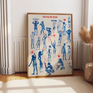 Under the Sun Wall Art - French Risograph Style Art Poster - Blue & Red Riso Wall Decor - Poster