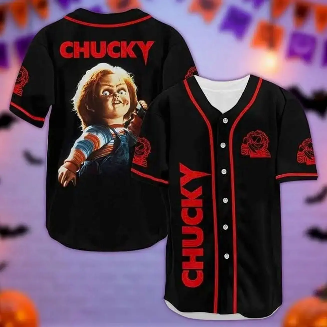 Vintage Chucky Killer Doll Baseball Jersey, Horror Graphic Button-Up Shirt, Spooky Movie Inspired Unisex Sports Jersey, Gothic Halloween Outfit Gift