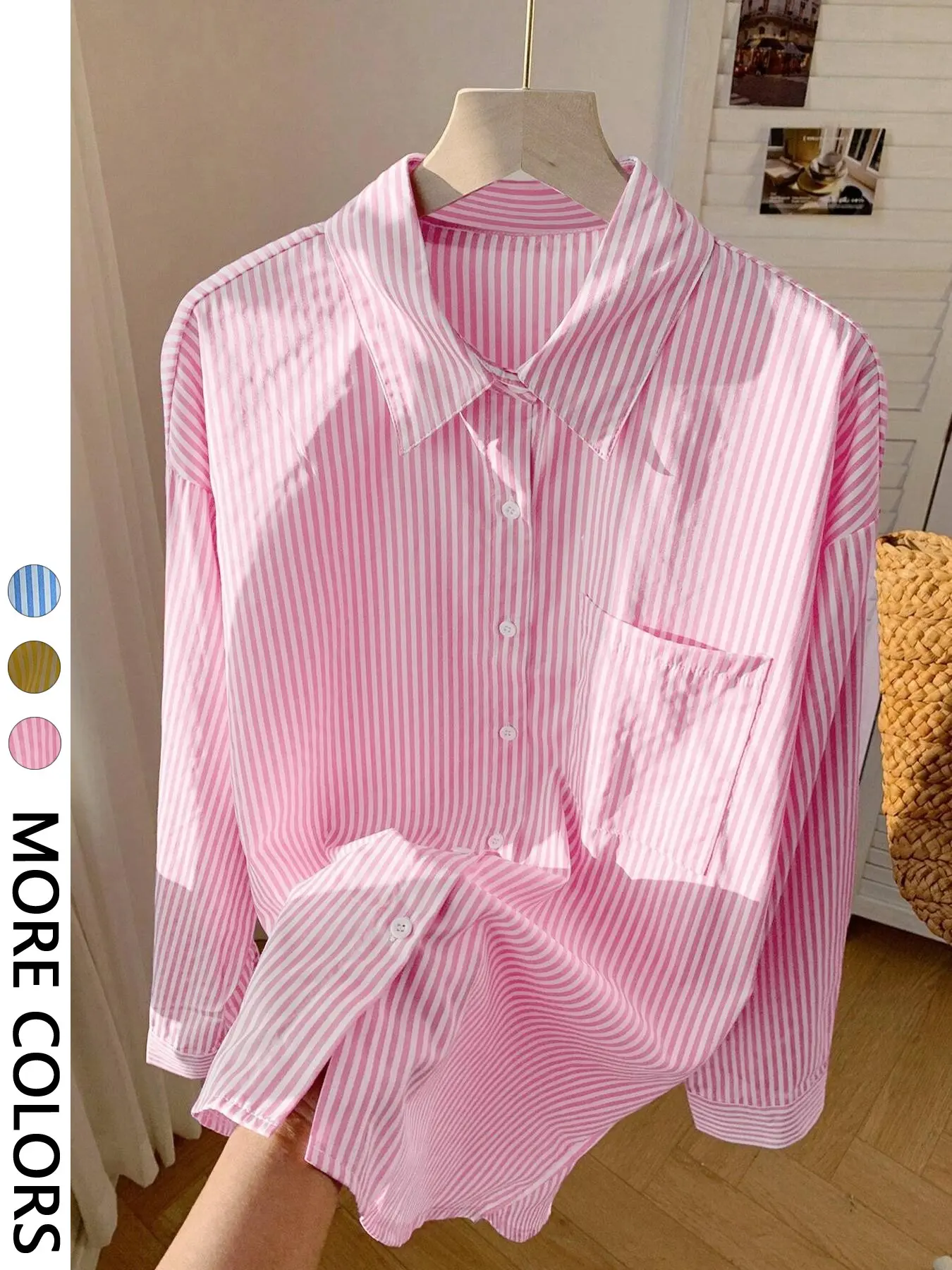 Women's Striped Print Casual Everyday Loose Long Sleeve Shirt, Blouses, Casual Basic Top, Comfortable Woven Fabric, Suitable for All Seasons, Fitted Style