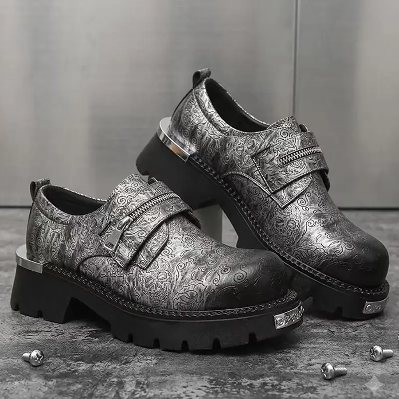 Men's Dress Shoes, PU Leather Slip-On Loafers, Gothic Embossed Pattern, Chunky Lug Sole Casual Shoes for Business, Office, Party & Everyday Wear