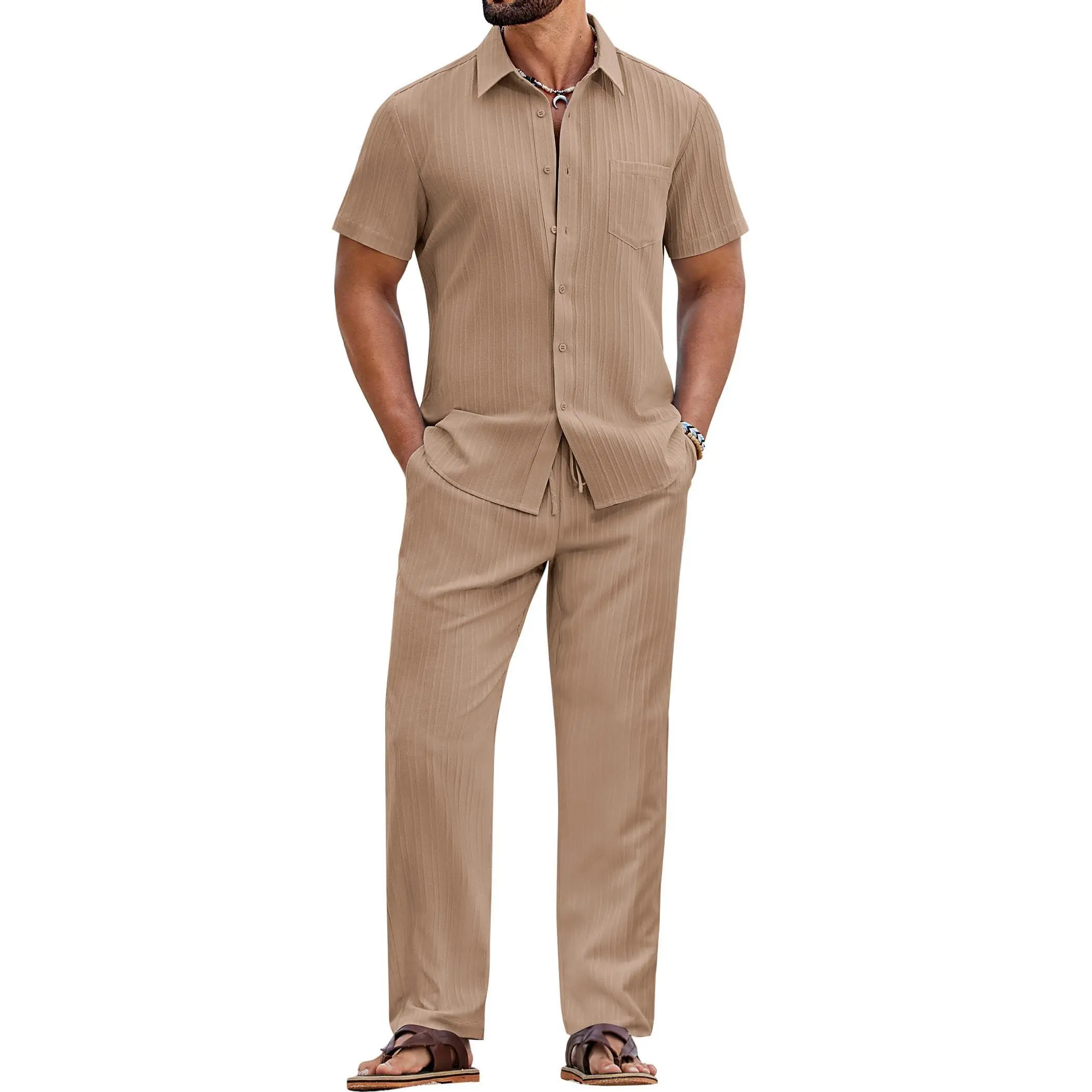COOFANDY Men's 2-Piece Hawaiian Tropical Outfit - Short Sleeve Button-Down Shirt, Loose Swim Loungewear Trouser Set for Beach Vacation, Shortsleeve, Elastic, Clothes, Fabric, Fashion, Menswear, Textured, Pocket, 2 Piece Set, Pants