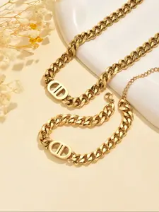 Women Stainless Steel Necklace & Bracelet Set, Fashionable Jewelry Set, Elegant Design for Parties & Festivals, High-End Accessories for All Occasions