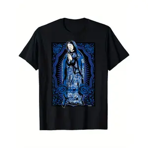 Daily wear men's crewneck T-shirt, Madonna Mexican carpet art blue turban print Chicano T-shirt