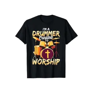 100% Cotton Men's Short-Sleeve Graphic Tee, Casual Menswear with 'I'm a Drummer Created to Worship' Print & Bass Drum Set Graphic, Crew Neck, Soft Comfortable (Limited-Time Flash)
