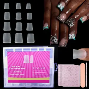 ELSAGIRL 240 pcs Duck Nail Tips Extra Short 12 Sizes Full Cover Press on, Pre-etched for Acrylic Design, Clear Pre-applied Tip Primer Soft Gel Y2K Flare Fake False Nail Extension Full Coverage