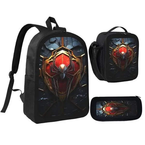 School Backpack Set, 3-Piece with Large Capacity Backpack, Insulated Lunch Bag & Pencil Case, Stylish Spider Graphic for Travel and Daily Use, Backpacks For School, School Backpacks Storage bag