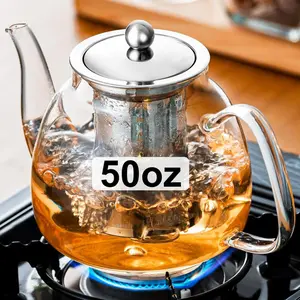Glass Teapot Stovetop 50 OZ/1500ml,  pot with Removable 18/8 Stainless Steel Infuser, Borosilicate Clear  Kettle, Teapot Blooming and Loose Leaf  Maker  Brewer for Camping, TravelEverlanelnspired17