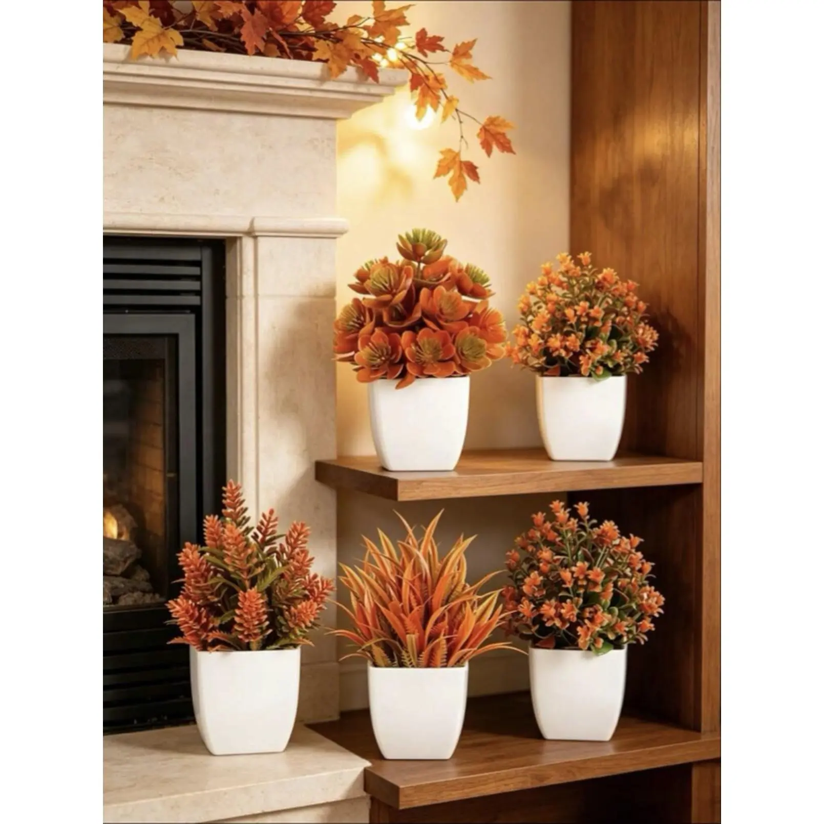 Fake Fall Plants for Home Decor - Realistic Autumn Leaves and Bushes in White Pots for Seasonal Decor