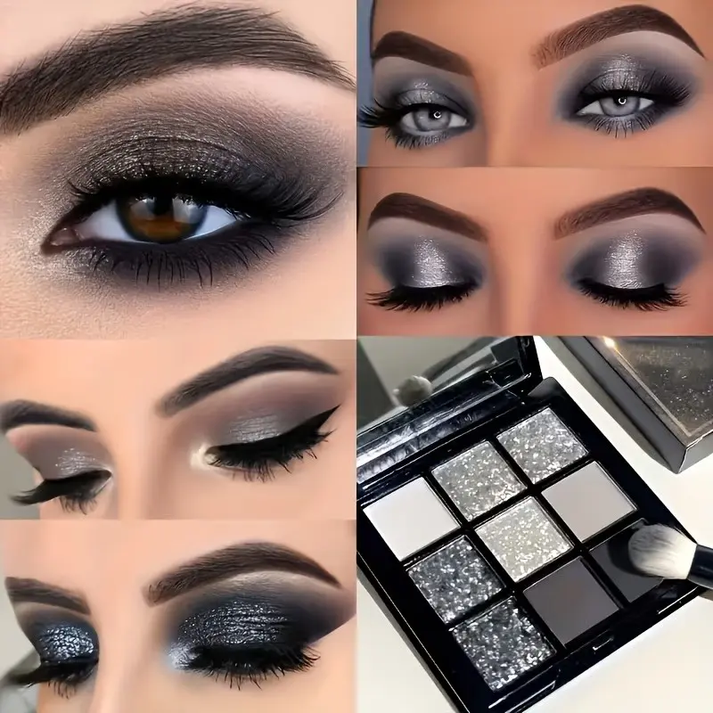 9-color smoky eyeshadow palette, Glitter eyeshadows, Sparkly Shimmer Eyeshadow, with matte and glitter shades, long-lasting and pigmented, with builtin mirror, Gothic palette, suitable for daily use, parties, and music festivals, Eye Makeup Product